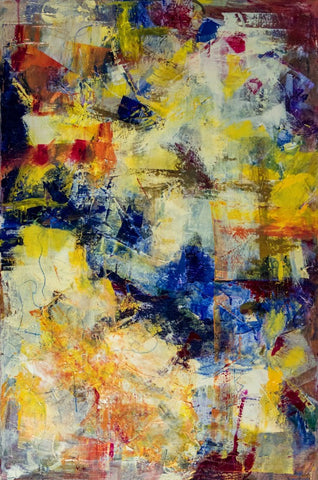 A blue, yellow, orange and red abstract painting expresses the warmth of the afternoon light. 
