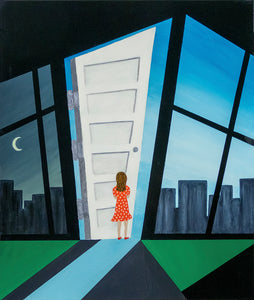 This young girl in a red dress peeks through the door of a new world in this acrylic painting. 